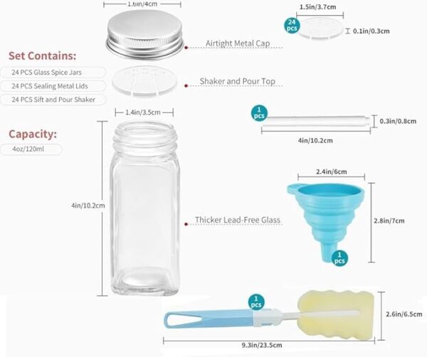 24 Piece Glass Spice Jar Set 120ml Bottles with Metal Lids, Labels & Funnel - Image 2