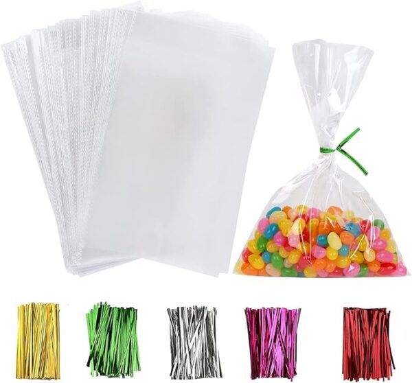 Clear Treat Bags with Colourful Twist Ties 100 Pack - Image 2
