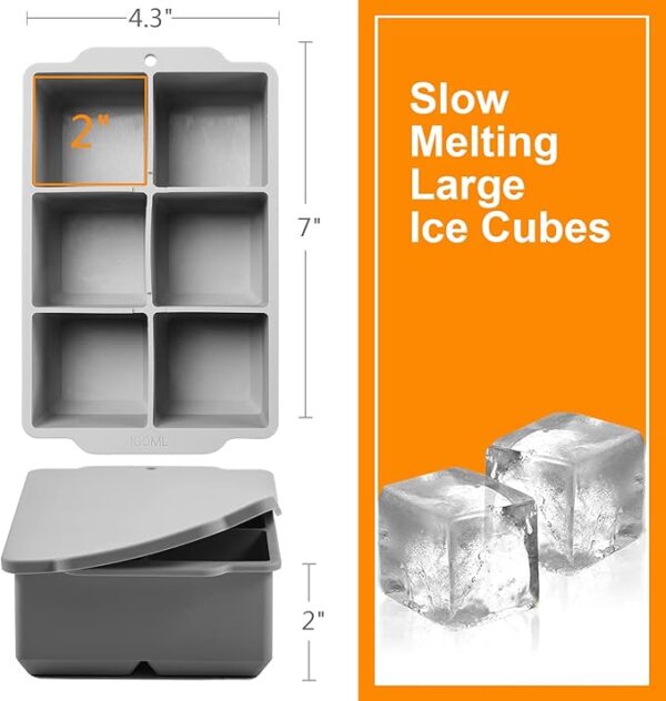 Giant Square Ice Cube Tray with Lid 6 Cube Silicone for Cocktails, Meal Prep & More
