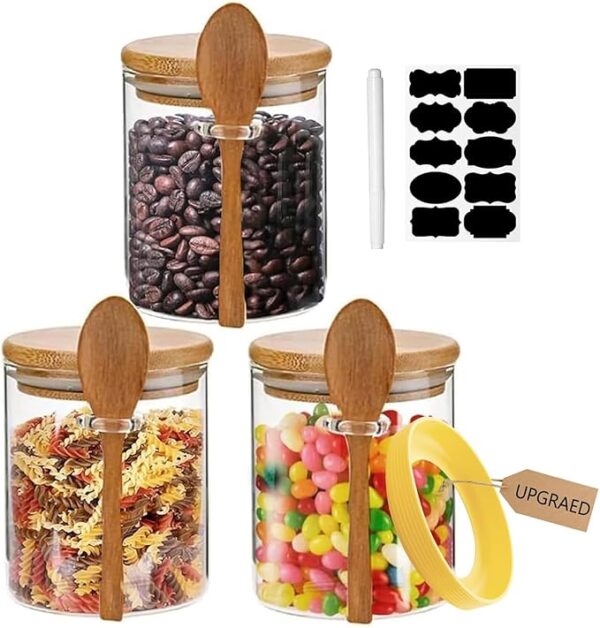 3 Pack Glass Storage Jars with Airtight Lids & Spoons 530ml Containers