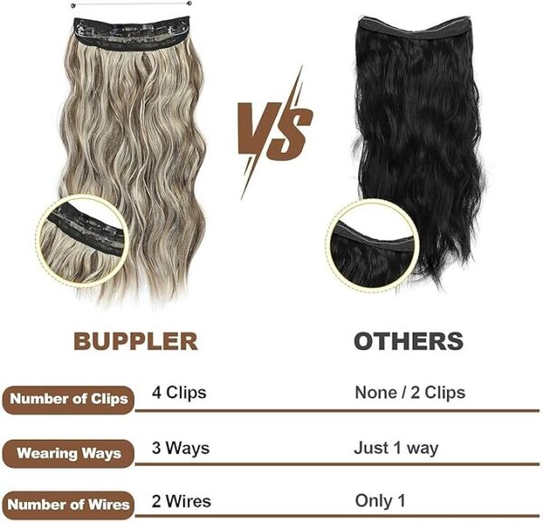 20 Invisible Wire Halo Hair Extensions Wavy, Black, with 4 Clips - Image 4