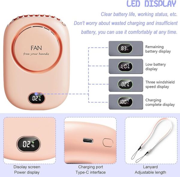 Mini Hanging Neck Fan USB Rechargeable Personal Fan with Adjustable Lanyard & 3 Speeds (Pink) - Image 6