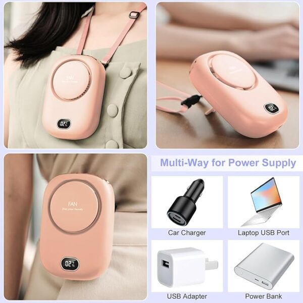 Mini Hanging Neck Fan USB Rechargeable Personal Fan with Adjustable Lanyard & 3 Speeds (Pink) - Image 3