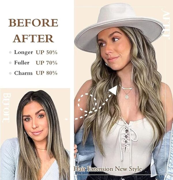 20 Invisible Wire Halo Hair Extensions Wavy, Black, with 4 Clips - Image 2