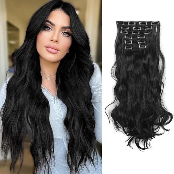 VelvaCurl Clip In Hair Extensions 20 Wavy Black Set