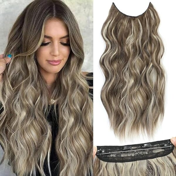 20 Invisible Wire Halo Hair Extensions Wavy, Black, with 4 Clips